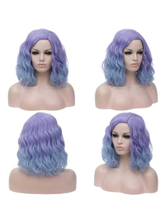Women Purple Ombre Heat Resitant Wavy Curly Cosplay Halloween Bob Party Wig